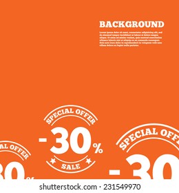 Modern design background. 30 percent discount sign icon. Sale symbol. Special offer label. Orange poster with white signs. Vector