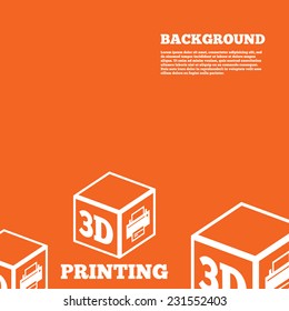 Modern design background. 3D Print sign icon. 3d cube Printing symbol. Additive manufacturing. Orange poster with white signs. Vector