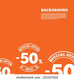 Modern design background. 50 percent discount sign icon. Sale symbol. Special offer label. Orange poster with white signs. Vector