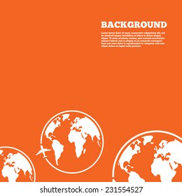 Modern design background. Airplane sign icon. Travel trip round the world symbol. Orange poster with white signs. Vector