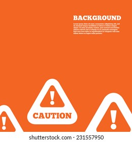 Modern design background. Attention caution sign icon. Exclamation mark. Hazard warning symbol. Orange poster with white signs. Vector