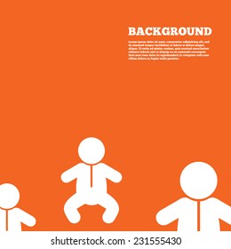 Modern design background. Baby infant sign icon. Toddler boy in pajamas or crawlers body symbol. Child WC toilet. Orange poster with white signs. Vector