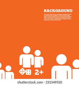 Modern design background. Board games sign icon. Two plus players symbol. Dice sign. Orange poster with white signs. Vector