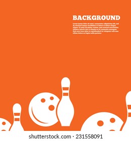 Modern design background. Bowling game sign icon. Ball with pin skittle symbol. Orange poster with white signs. Vector