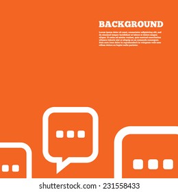 Modern design background. Chat sign icon. Speech bubble with three dots symbol. Communication chat bubble. Orange poster with white signs. Vector