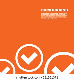 Modern design background. Check mark sign icon. Yes circle symbol. Confirm approved. Orange poster with white signs. Vector