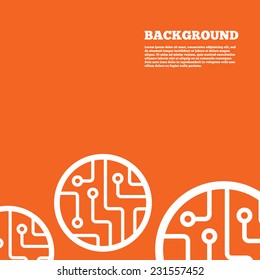 Modern design background. Circuit board sign icon. Technology scheme circle symbol. Orange poster with white signs. Vector