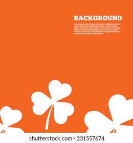 Modern design background. Clover with three leaves sign icon. Trifoliate clover. Saint Patrick trefoil symbol. Orange poster with white signs. Vector