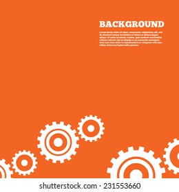 Modern design background. Cog settings sign icon. Cogwheel gear mechanism symbol. Orange poster with white signs. Vector