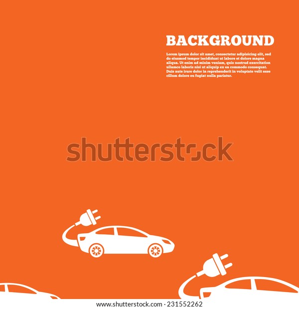 Modern design background. Electric car sign icon.\
Sedan saloon symbol. Electric vehicle transport. Orange poster with\
white signs. Vector