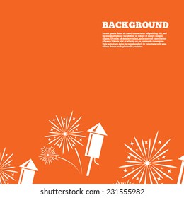 Modern design background. Fireworks with rocket sign icon. Explosive pyrotechnic symbol. Orange poster with white signs. Vector