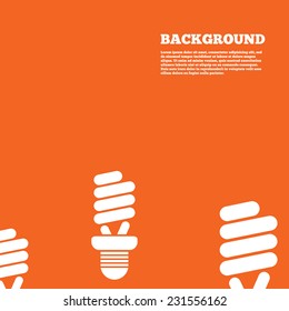 Modern design background. Fluorescent lamp bulb sign icon. Energy saving. Idea and success symbol. Orange poster with white signs. Vector