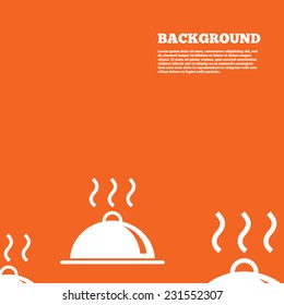 Modern design background. Food platter serving sign icon. Table setting in restaurant symbol. Hot warm meal. Orange poster with white signs. Vector