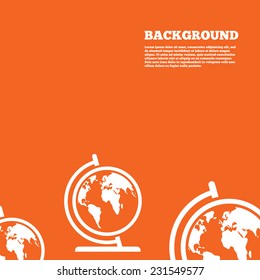 Modern design background. Globe sign icon. World map geography symbol. Globe on stand for studying. Orange poster with white signs. Vector
