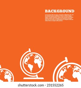 Modern design background. Globe sign icon. World map geography symbol. Globe on stand for studying. Orange poster with white signs. Vector
