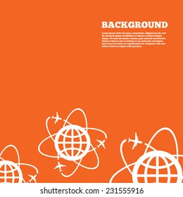 Modern design background. Globe sign icon. World logistics symbol. Worldwide travel flights. Orange poster with white signs. Vector