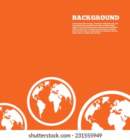 Modern design background. Globe sign icon. World map geography symbol. Orange poster with white signs. Vector