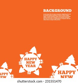 Modern design background. Happy new year globe sign icon. Gifts and trees symbol. Full rotation 360. Orange poster with white signs. Vector