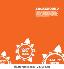 Modern design background. Happy new year globe sign icon. Gifts and trees symbol. Full rotation 360. Orange poster with white signs. Vector