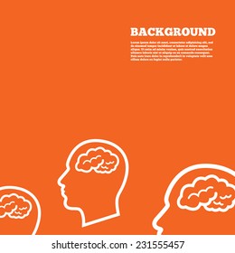 Modern design background. Head with brain sign icon. Male human head think symbol. Orange poster with white signs. Vector