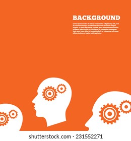 Modern design background. Head with gears sign icon. Male human head symbol. Orange poster with white signs. Vector