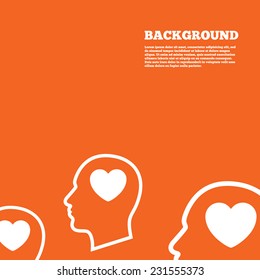 Modern design background. Head with heart sign icon. Male human head in love symbol. Orange poster with white signs. Vector