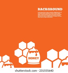 Modern design background. Honey in pot and honeycomb sign icon. Honey cells symbol. Sweet natural food. Orange poster with white signs. Vector