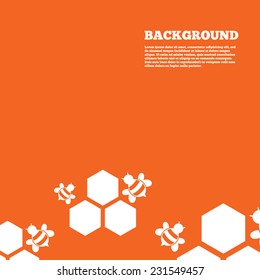Modern design background. Honeycomb with bees sign icon. Honey cells symbol. Sweet natural food. Orange poster with white signs. Vector
