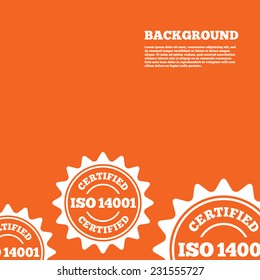 Modern design background. ISO 14001 certified sign icon. Certification star stamp. Orange poster with white signs. Vector
