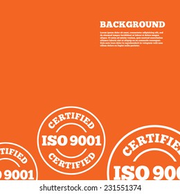 Modern design background. ISO 9001 certified sign icon. Certification stamp. Orange poster with white signs. Vector