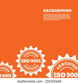 Modern design background. ISO 9001 certified sign icon. Certification star stamp. Orange poster with white signs. Vector