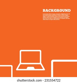 Modern design background. Laptop sign icon. Notebook pc symbol. Orange poster with white signs. Vector