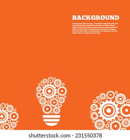 Modern design background. Light lamp sign icon. Bulb with gears and cogs symbol. Idea symbol. Orange poster with white signs. Vector