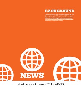 Modern design background. News sign icon. World globe symbol. Orange poster with white signs. Vector