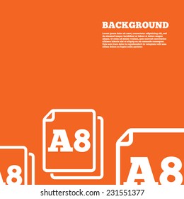 Modern design background. Paper size A8 standard icon. File document symbol. Orange poster with white signs. Vector