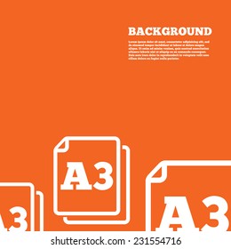 Modern design background. Paper size A3 standard icon. File document symbol. Orange poster with white signs. Vector
