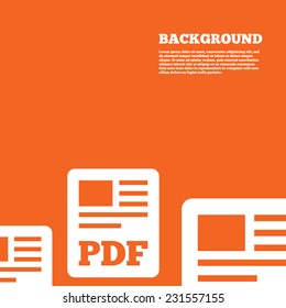 Modern design background. PDF file document icon. Download pdf button. PDF file symbol. Orange poster with white signs. Vector