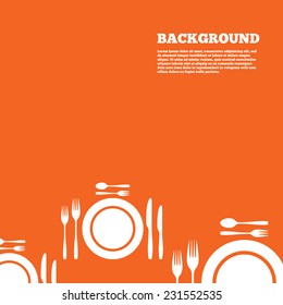 Modern design background. Plate dish with forks and knifes. Dessert trident fork with teaspoon. Eat sign icon. Cutlery etiquette rules symbol. Orange poster with white signs. Vector