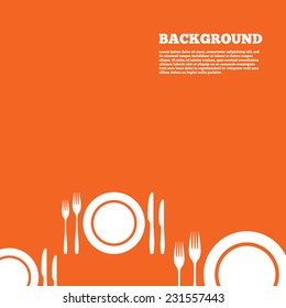 Modern design background. Plate dish with forks and knifes. Eat sign icon. Cutlery etiquette rules symbol. Orange poster with white signs. Vector