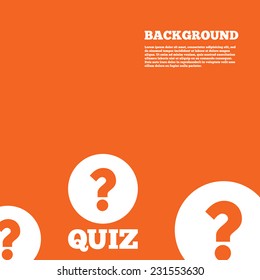 Modern design background. Quiz with question mark sign icon. Questions and answers game symbol. Orange poster with white signs. Vector