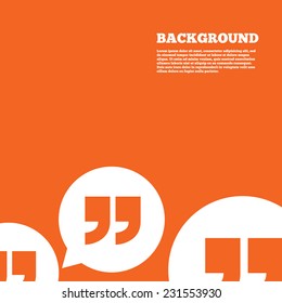 Modern design background. Quote sign icon. Quotation mark in speech bubble symbol. Double quotes. Orange poster with white signs. Vector
