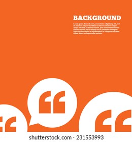 Modern design background. Quote sign icon. Quotation mark in speech bubble symbol. Double quotes. Orange poster with white signs. Vector