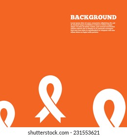 Modern design background. Ribbon sign icon. Breast cancer awareness symbol. Orange poster with white signs. Vector