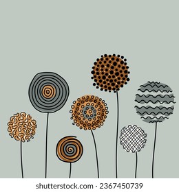Modern design background in Scandinavian style. Abstract flowers, botanical pattern. Postcard, banner. Nordic Traditional Cute ornament. Hand drawn flowers, herbs, leaves. Vector illustration