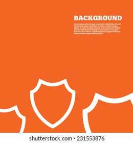 Modern design background. Shield sign icon. Protection symbol. Orange poster with white signs. Vector