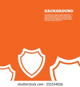 Modern design background. Shield sign icon. Protection symbol. Orange poster with white signs. Vector