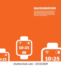 Modern design background. Smart watch sign icon. Wrist digital watch. Wi-fi and battery energy symbol. Orange poster with white signs. Vector