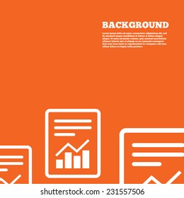 Modern design background. Text file sign icon. Add File document with chart symbol. Accounting symbol. Orange poster with white signs. Vector