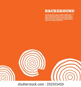 Modern design background. Wood sign icon. Tree growth rings. Tree trunk cross-section with nick. Orange poster with white signs. Vector