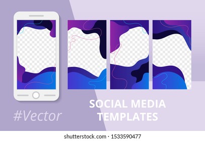 Modern design backgrounds for social media banner with gradient fluid wave shapes. Set of editable stories frame templates. Trendy minimalist mockup for blog or shop. Vector illustration